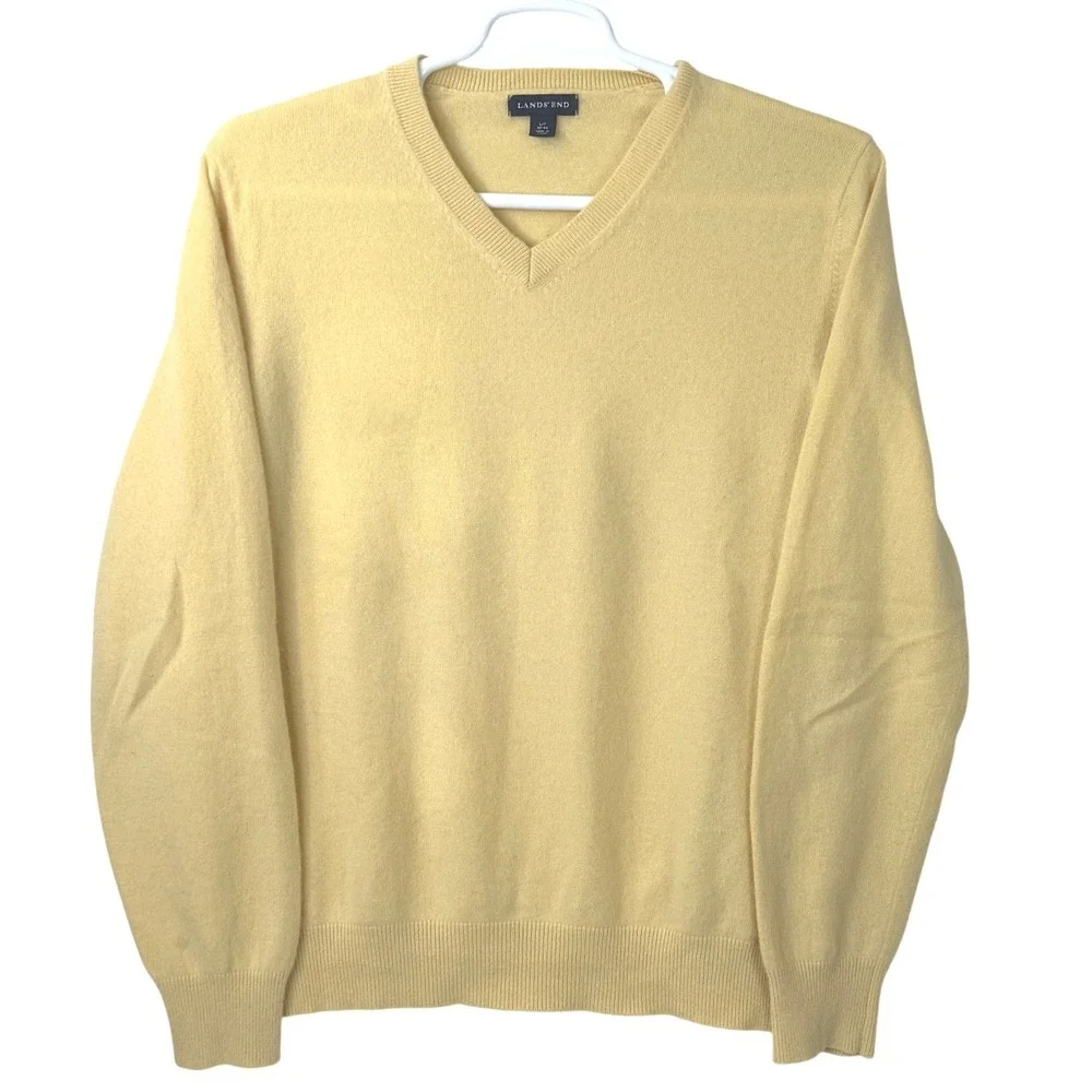 Lands'‎ End V-Neck Cashmere Sweater Yellow Mens L/T Tall Preppy Old Money